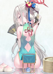 1girl ass back_cutout bamboo_steamer bare_shoulders blue_archive blue_dress bridal_gauntlets butt_crack china_dress chinese_clothes clothing_cutout dress food from_behind green_dress grey_hair hair_ornament halo hand_fan highres holding long_hair looking_at_viewer looking_back mahjong_soul matanonki multicolored_dress mutsuki_(blue_archive) mutsuki_(flowery_charms)_(blue_archive) neck no_panties petals pink_eyes plate pointy_ears reflection reflective_surface sitting smile solo steamed_bun very_long_hair