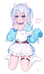 1boy 2025 absurdres ahoge alternate_costume belt black_belt black_choker blue_eyes blue_hair blue_jacket blue_nails blush chinese_commentary choker collarbone commentary cross cross_choker dated drawn_ears drawn_whiskers dress eyes_visible_through_hair fang frilled_dress frills full_body furrowed_brow hair_between_eyes hair_intakes hair_ornament hands_up heart heart_o-ring highres index_finger_raised jacket kamisama_choose!_sensei_onna_no_ko_niatteru_yo! looking_at_viewer male_focus medium_hair nail_polish no_headwear no_shoes o-ring o-ring_thigh_strap off-shoulder_dress off_shoulder open_mouth partially_unzipped shirahato_inori sichuan_luo_li sidelocks signature simple_background single_bare_shoulder sitting skin_fang sleeves_past_wrists socks solo thigh_strap tongue tongue_out trap two_side_up wariza white_background white_dress white_socks wing_hair_ornament x_hair_ornament