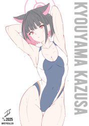 1girl absurdres animal_ears arm_behind_head armpits black_hair black_one-piece_swimsuit blue_archive breasts cat_ears character_name cleavage collarbone colored_inner_animal_ears colored_inner_hair dated extra_ears highleg highleg_one-piece_swimsuit highres kazusa_(blue_archive) looking_at_viewer medium_breasts multicolored_hair multicolored_swimsuit one-piece_swimsuit pink_hair presenting_armpit realen short_hair signature simple_background solo swimsuit thigh_gap twitter_username two-tone_hair white_background