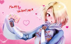 1girl absurdres bad_id bad_pixiv_id blonde_hair blush box breasts chocolate female_focus hair_over_one_eye heart highres nintendo open_mouth pink_background pointy_ears red_eyes sheik solo super_smash_bros. the_legend_of_zelda the_legend_of_zelda:_ocarina_of_time upper_body valentine