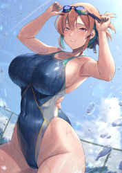 1girl blue_one-piece_swimsuit blue_sky breasts brown_eyes brown_hair chain-link_fence cloud commentary competition_swimsuit day fence goggles goggles_on_head green_eyes hair_bun hassen_(8cm) highleg highleg_one-piece_swimsuit highres large_breasts lipe multicolored_hair one-piece_swimsuit original outdoors parted_lips sky smile solo striped_swimsuit swimsuit water wet wet_clothes wet_swimsuit