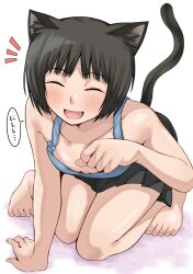 1girl :d all_fours amagami animal_ear_fluff animal_ears bare_shoulders barefoot bent_over black_hair black_skirt black_tail blue_camisole blush bob_cut breasts camisole casual cat_ears cat_girl cat_tail closed_eyes collarbone commentary facing_viewer full_body highres jishaku_(user_rcuz2843) kemonomimi_mode kneeling knees_together_feet_apart notice_lines open_mouth paw_pose pleated_skirt short_hair skirt small_breasts smile solo speech_bubble tachibana_miya tail tail_raised toes translated white_background