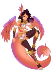 1girl artist_request black_hair blue_nails body_markings brown_eyes facial_mark feather_hair_ornament feathered_wings feathers forehead_mark gold_collar gold_trim gradient_wings hair_ornament highres multicolored_hair multicolored_wings navel official_art orange_wings pelvic_curtain pink_hair pink_wings pointy_ears purple_wings quetzu_solscale sharp_teeth snake_tail solo stirrup_legwear stomach streaked_hair tail tan teeth thighhighs toeless_legwear vallure virtual_youtuber wings