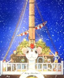 1girl 4boys ^_^ blonde_hair blue_shorts closed_eyes commentary_request cup going_merry green_hair hand_on_own_hip haramaki hat highres holding holding_cup korean_commentary merry_christmas monkey_d._luffy multiple_boys nami_(one_piece) nami_(one_piece)_(east_blue) night night_sky one_piece orange_hair pirate_ship ra_zz03 red_shirt roronoa_zoro sanji_(one_piece) santa_hat shirt shorts shroud_(sailing) sitting skirt sky sleeveless snow straw_hat striped_clothes striped_shirt usopp v-neck yellow_skirt