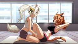 2girls absurdres animal_ears arms_behind_head bell black_shirt clenched_teeth closed_eyes exercising filian_(vtuber) fox_ears fox_girl fox_tail franek89 gym_shirt gym_shorts hair_bell hair_ornament highres holding_another&#039;s_legs indie_virtual_youtuber multiple_girls orange_hair shirt shorts shyrei_faolan tail teeth virtual_youtuber white_hair white_shirt