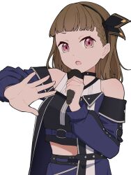 Rule 34 | 1girl, :o, ampere (love live!), arm up, armpit crease, bare shoulders, black choker, black hairband, blue coat, blue skirt, blunt bangs, bow hairband, braid, breasts, brown hair, center-flap bangs, choker, coat, commentary request, crop top, cropped shirt, hairband, highres, kachimachi kosuzu, link! like! love live!, liz (piyoko piyop), long hair, long sleeves, looking at viewer, love live!, medium breasts, midriff, off-shoulder coat, off shoulder, official alternate costume, open mouth, pink eyes, shirt, side braids, simple background, skirt, sleeveless, sleeveless shirt, solo, upper body, v-shaped eyebrows, virtual youtuber, white background, white shirt