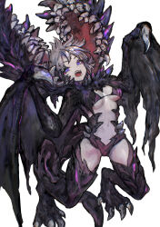 Rule 34 | 1girl, absurdres, adel (elden ring), bikini, bikini top only, black skin, breasts, clawed wings, colored skin, dragon girl, dragon tail, dragon wings, elden ring, elden ring nightreign, highres, medium breasts, monster, navel, open mouth, personification, purple eyes, sabamiso taro, short hair, solo, swimsuit, tail, teeth, white background, white hair, wings