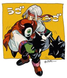 Rule 34 | 1boy, 1other, aged down, black pants, black sleeves, boots, border, cape, colored skin, commentary request, dragon quest, dragon quest monsters 3, dual wielding, green skin, hdw91v, headband, highres, holding, holding mace, holding weapon, horns, jacket, long hair, mace, mask, monster, motion lines, pants, parted hair, pisaro, pointy ears, red boots, red cape, red eyes, red headband, red horns, red jacket, robe, spiked mace, spikes, weapon, white border, white hair, white robe, wrecktor, yellow background