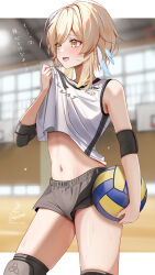 1girl alternate_costume ball black_shorts blonde_hair blurry blurry_background blush bra bra_peek clothes_lift cowboy_shot elbow_pads elbow_sleeve flower genshin_impact gym_shorts hair_between_eyes hair_flower hair_ornament highres holding holding_ball kabu_usagi knee_pads lumine_(genshin_impact) midriff midriff_peek navel navel_peek open_mouth panties_peek shirt shirt_lift short_hair short_hair_with_long_locks shorts sleeveless sleeveless_shirt smile solo sportswear stomach sweat translation_request triquetra underwear volleyball volleyball_(object) volleyball_uniform yellow_eyes