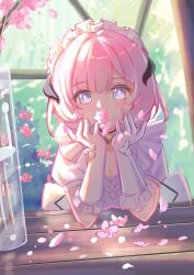 Rule 34 | 1girl, absurdres, blue eyes, breasts, chinese commentary, cleavage, commentary request, elysia (honkai impact), elysia (miss pink) (honkai impact), elysia (miss pink elf) (honkai impact), fake horns, falling petals, gloves, highres, honkai (series), honkai impact 3rd, horns, indoors, large breasts, long hair, maid, maid headdress, meow (miyoushe 81874508), official alternate costume, petals, pink hair, pink pupils, puffy short sleeves, puffy sleeves, short sleeves, solo, white gloves