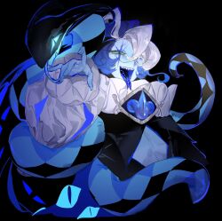 1boy blue_eyes blue_hat blue_skin brooch colored_skin cookie_run cookie_run:_kingdom hat highres holding humanization jester_cap jewelry long_hair long_sleeves looking_at_viewer male_focus neck_ruff puffy_sleeves shadow_milk_cookie smile solo taotie_flylover white_hair