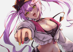 1girl :d absurdres alternate_breast_size baseball_cap black_choker black_hat black_shorts black_tank_top breasts center-flap_bangs choker cleavage colored_inner_hair commentary_request cowboy_shot crop_top cropped_jacket demon_tail double-parted_bangs ear_piercing fake_horns fangs gradient_background green_eyes hair_between_eyes hair_ornament hairclip hat highres hololive horned_headwear horns jacket long_hair long_sleeves looking_at_viewer medium_breasts midriff multicolored_hair multicolored_nails multiple_piercings navel navel_piercing o-ring o-ring_choker off_shoulder open_mouth piercing pink_hair pointy_ears purple_hair reaching reaching_towards_viewer shorts sidelocks simple_background smile solo spike_piercing streaked_hair tail tank_top tokoyami_towa tokoyami_towa_(1st_costume) twintails v-shaped_eyebrows virtual_youtuber white_jacket yude