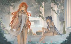 Rule 34 | 2girls, agito (agitoishere), ahoge, ancient greek clothes, augusta (wuthering waves), bare legs, bare shoulders, blue eyes, blue hair, breasts, commentary request, dress, earrings, greco-roman clothes, head wreath, highres, iuno (wuthering waves), jewelry, large breasts, legs, long hair, multiple girls, orange eyes, orange hair, parted lips, pelvic curtain, signature, sitting, sun earrings, thigh strap, thighs, very long hair, white dress, wuthering waves