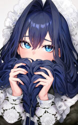 Rule 34 | 1girl, blue eyes, blue hair, blush, braid, commentary, covering own mouth, double-parted bangs, fingernails, frilled hat, frills, hair between eyes, hair intakes, hair over shoulder, hat, highres, holding, holding own hair, hololive, hololive english, long hair, long sleeves, looking at viewer, low twin braids, mob cap, official alternate costume, official alternate hairstyle, oopartz yang, ouro kronii, ouro kronii (maid), simple background, sleeve cuffs, solo, symbol-only commentary, twin braids, white background, white hat