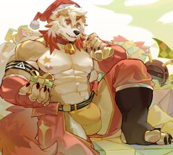 1boy abs absurdres arknights bara bell blush claws collar colored_tips commentary doctor_(arknights) fake_antlers fang furry furry_male gift hat highres holding holding_gift horns hung_(arknights) kitai_su komainu_boy komainu_ears komainu_tail looking_at_viewer male_focus multicolored_hair neck_bell orange_eyes pectorals santa_hat single_horn sitting smile star_(symbol) symbol-only_commentary toeless_legwear
