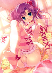 1girl :d absurdres anklet arm_ribbon bad_feet bare_shoulders bed blue_eyes blush bow bra breasts cameltoe canopy_bed choker cleavage feet female_focus floral_print frilled_thighhighs frills hair_bow heart highres jewelry large_breasts lingerie long_hair long_legs looking_at_viewer mikeou no_shoes open_mouth original panties pink_theme pink_thighhighs ponytail purple_hair ribbon side-tie_panties sitting smile solo striped_clothes striped_thighhighs stuffed_animal stuffed_toy thighhighs underwear undressing white_thighhighs wrist_cuffs