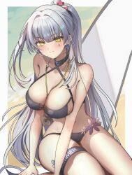 Rule 34 | 1girl, between breasts, bikini, blue bikini, blue hair, blush, breasts, cleavage, cross, cross-laced bikini, cross-laced clothes, earrings, facepaint, flower, girls&#039; frontline, girls&#039; frontline 2: exilium, green eyes, heart, highres, hk416 (girls&#039; frontline), iron cross, jewelry, klukai (girls&#039; frontline 2), leaning to the side, long hair, navel, phago, pink flower, ponytail, sitting, smile, solo, swimsuit, teardrop, thighs, v arms, very long hair