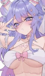 1girl arm_up bare_shoulders bikini braid breasts character_request chest_tattoo criss-cross_halter halterneck highres horns indie_virtual_youtuber long_hair looking_at_viewer medium_breasts mole mole_under_mouth mugripley parted_lips pointy_ears purple_eyes purple_hair see-through_bikini see-through_clothes sidelocks solo spaghetti_strap swimsuit tattoo upper_body virtual_youtuber w white_bikini