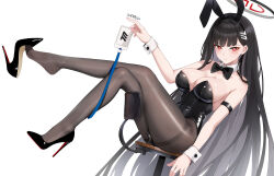 alternate_costume animal_ear_hairband animal_ears bare_arms bare_shoulders black_bow black_bowtie black_hair black_hairband black_leotard black_pantyhose black_shoes blue_archive blush bow bowtie closed_mouth detached_collar fake_animal_ears hair_behind_ear hair_ornament hairband hairclip high_heels highres id_card leotard long_hair looking_at_viewer pantyhose playboy_bunny rabbit_ear_hairband rabbit_ears red_eyes rio_(blue_archive) shoes strapless strapless_leotard wrist_cuffs xnnagu