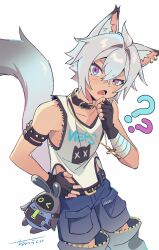 Rule 34 | 1boy, ?, ??, absurdres, alternate costume, animal ears, bandaged arm, bandages, bangboo (zenless zone zero), black gloves, cat boy, cat ears, cat tail, collar, denim, gloves, hand on own chin, highres, jeans, male focus, mihoyo, munou pero, open mouth, pants, purple eyes, seth lowell, short hair, sleeveless, solo, tail, tank top, thinking, white hair, zenless zone zero