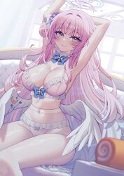 1girl angel_wings arms_up blue_archive blue_bow blush bow bra breasts cake cleavage closed_mouth feathered_wings flower food hair_bun hair_flower hair_ornament hair_ribbon halo highres hynori indoors large_breasts lingerie long_hair looking_at_viewer low_wings mika_(blue_archive) navel panties panties_under_pantyhose pantyhose pink_bra pink_hair pink_halo pink_panties purple_flower ribbon single_side_bun smile solo swiss_roll thighs underwear white_pantyhose white_ribbon white_wings window wings yellow_eyes