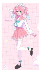 1girl alternate_costume amaebi0709 aqua_eyes black_shoes bright_pupils full_body highres honkai:_star_rail honkai_(series) hyacine_(honkai:_star_rail) open_mouth pink_hair pink_sailor_collar pink_skirt sailor_collar shirt shoes skirt smile solo thighhighs twitter_username white_pupils white_shirt white_thighhighs