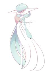 bob_cut colored_skin dress gardevoir gen_3_pokemon green_hair green_skin hair_over_one_eye multicolored_skin narumiya_pkmn nintendo pink_eyes pokemon pokemon_(creature) signature simple_background two-tone_skin white_background white_dress white_skin