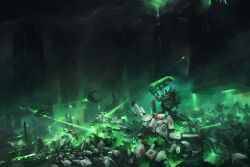 6+boys alien arm_blade armor army asymmetrical_dual_wielding axe battle blue_skin burning claw_(weapon) cloud cloudy_sky colored_skin colored_smoke commentary dabanaworks dark death dual_wielding energy_gun english_commentary fighting_stance fire firing full_armor full_body green_fire green_light gun helmet holding holding_axe holding_gun holding_weapon laser lightning male_focus mecha mechanical_spine military_uniform military_vehicle multiple_boys multiple_legs necron night no_headwear no_nose obelisk official_art outdoors power_armor power_sword pyramid_(structure) robot science_fiction sky smoke spacecraft t&#039;au t&#039;au_battlesuit tomb war warhammer_40k weapon white_armor wrist_blades