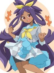 Rule 34 | 1girl, bike shorts under skirt, clenched hands, clothes around waist, dark-skinned female, dark skin, highres, iris (academy) (pokemon), iris (pokemon), long hair, nintendo, open mouth, pokemon, pokemon masters ex, purple hair, red eyes, ryokukoucha, solo, sweater, sweater around waist, very long hair, watermark