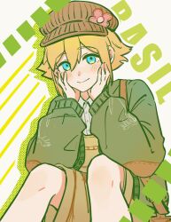 Rule 34 | 1boy, absurdres, bailan1130, basil (birthday) (omori), basil (faraway) (omori), basil (omori), blonde hair, blue eyes, blush, brown hat, character name, closed mouth, green sweater, hat, highres, long sleeves, looking at viewer, male focus, official alternate costume, omori, shirt, short hair, smile, solo, sweater, white shirt