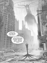 Rule 34 | abandoned, breasts, broken window, building, city, cityscape, cloak, cloud, collarbone, debris, dilapidated, english text, facial mark, halo, highres, hololive, hololive english, jasper xandros, long hair, mori calliope, multiple girls, open mouth, outdoors, post-apocalypse, rubble, ruins, scenery, sky, skyscraper, virtual youtuber, wide shot, wreckage