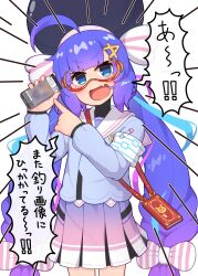 1girl ahoge aqua_streaks armband black_hat black_undershirt blue_eyes blue_hair blue_jacket blunt_bangs bow braid cellphone cellphone_strap commentary_request emphasis_lines fang goggles gradient_clothes gradient_hair gradient_skirt hair_bow hair_ornament hairclip hat hat_ribbon highres holding holding_phone jacket large_hat long_hair long_sleeves looking_at_viewer low-braided_long_hair low-tied_long_hair low_twintails miriota mortarboard multicolored_hair multicolored_skirt open_mouth otomachi_una otomachi_una_(voicepeak) phone pink_skirt pink_streaks pink_stripes pleated_skirt pointing pointing_at_object puffy_long_sleeves puffy_sleeves purple_skirt red-framed_eyewear ribbon safety_pin sailor_collar sailor_jacket shirt shoulder_strap simple_background skin_fang skirt smartphone smartphone_case smile solo speech_bubble standing streaked_hair striped_bow striped_ribbon translation_request turtleneck turtleneck_shirt twintails vertical-striped_bow very_long_hair voicepeak white_armband white_background white_bow white_ribbon white_sailor_collar