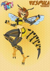 1girl angry annoyed antennae arthropod_girl bee bug claws female_focus furry furry_female grey_eyes highres insect insect_wings mhfap monster_girl navel punishedkom shorts solo stinger tank_top tomboy wasp wings
