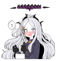 Rule 34 | 1girl, ahoge, black gloves, black halo, blue archive, blush, demon girl, demon horns, gloves, halo, highres, hina (blue archive), horns, long hair, looking at viewer, open mouth, purple eyes, simple background, solo, white background, white hair, wujurana