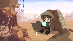 1boy animated animated_gif bara blush chibi cloak desert facial_hair full_body goatee green_hair highres hood hood_up male_focus multicolored_hair original pixel_art robot rock short_hair sitting smile solo streaked_hair wind wutang