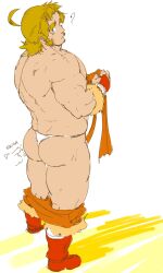 Rule 34 | 1boy, ?, ass, bara, between buttocks, bikini briefs, blonde hair, blush, clothes pull, doodle inset, facial hair, forge (piikeisandaa), from side, full body, highres, huge eyebrows, long sideburns, looking at viewer, looking to the side, male focus, male underwear, mature male, medium hair, mutton chops, original, pants, pants pull, piikeisandaa, sideburns, sideburns stubble, solo, standing, strongman waist, stubble, thick thighs, thighs, topless male, underwear, unfinished, white male underwear