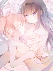 2girls absurdres akemi_homura alternate_costume bare_arms bare_shoulders black_hairband branch bud cherry_blossoms closed_eyes closed_mouth cowboy_shot dress eggplant24h eyelashes flower grey_hair hair_ribbon hairband hands_on_own_stomach highres hug kaname_madoka light_particles long_hair mahou_shoujo_madoka_magica mahou_shoujo_madoka_magica_(anime) multiple_girls onsen pink_flower pink_hair pointy_nose red_ribbon ribbon short_hair short_twintails sidelocks smile strap_slip sundress twintails twitter_username very_long_hair watermark white_dress yuri