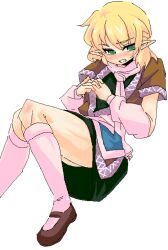 1girl arm_warmers black_dress blonde_hair blush brown_shirt brown_shoes clenched_teeth commentary_request dress foot_out_of_frame green_eyes half_updo invisible_chair looking_at_viewer mary_janes mizuhashi_parsee mori_shin_risuku nose_blush oekaki pink_scarf pink_socks pointy_ears scarf shirt shoes short_hair short_sleeves simple_background sitting socks solo teeth touhou white_background