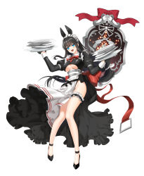 Rule 34 | 1girl, absurdres, alternate costume, animal ears, apron, bare legs, belt, black dress, black gloves, black hair, black shoes, blue eyes, breasts, closers, clothing cutout, dog ears, dress, enmaided, fake animal ears, frilled thigh strap, full body, gloves, highres, holding, holding plate, juliet sleeves, large breasts, long hair, long sleeves, looking at viewer, low-tied long hair, maid, maid apron, maid headdress, official art, open mouth, plate, plate stack, puffy sleeves, shoes, side slit, simple background, smile, solo, thigh strap, thighs, underboob, underboob cutout, very long hair, waist apron, white background, yuri seo