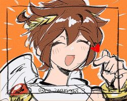 Rule 34 | 1boy, ^ ^, ahoge, androgynous, angel, artist name, brown hair, closed eyes, commentary, drawn heart, film grain, heart, heart hands, ko iwari ngo, laurel crown, male focus, open mouth, orange background, scarf, short hair, sidelocks, smile, solo, spiked hair, symbol-only commentary, twitter username, white scarf
