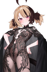 1girl :3 ahoge alternate_costume black_bodysuit black_cape blonde_hair bodystocking bodysuit brown_hair cape chronopattern_dress closed_mouth flat_chest gigi_murin hands_on_own_hips highres hololive hololive_english hoshi_usagi looking_at_viewer meme_attire multicolored_hair pink_eyes short_hair short_twintails simple_background solo thigh_strap twintails two-tone_hair virtual_youtuber white_background