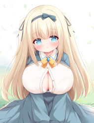 :o aqua_dress blonde_hair blue_eyes blush bra breasts cleavage cleavage_cutout clothing_cutout collared_dress dress hair_ribbon highres hood_bow large_breasts long_hair looking_at_viewer open_mouth oppai_loli original outdoors ribbon sidelocks two-tone_dress underwear very_long_hair white_bra white_dress yuu_(yumezakura)