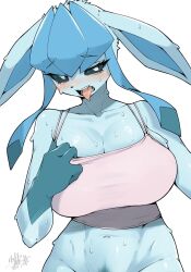 1girl absurdres animal_ears blue_sclera blush breasts camisole collarbone colored_sclera commentary_request female_pubic_hair furry furry_female gen_4_pokemon glaceon groin highres hot large_breasts looking_at_viewer navel nintendo open_mouth out-of-frame_censoring pink_camisole pokemon pokemon_(creature) pubic_hair shourin_bonzu simple_background solo tongue tongue_out white_background white_eyes