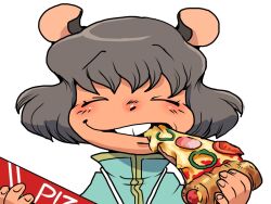 Rule 34 | 1girl, animal ears, blue capelet, capelet, closed eyes, commentary request, eating, food, grey hair, grin, holding, holding food, holding pizza, mouse ears, mouse girl, nazrin, onikobe rin, pizza, pizza slice, short hair, simple background, smile, solo, touhou, upper body, white background
