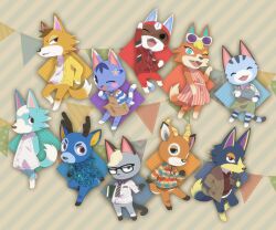 4girls 6+boys ^_^ animal_crossing animal_ears antelope_horns antlers audie_(animal_crossing) bam_(animal_crossing) beau_(animal_crossing) cat_boy cat_ears cat_girl cat_tail chief_(animal_crossing) closed_eyes commentary_request deer_antlers deer_boy deer_ears deer_tail dress eyewear_on_head fox_ears fox_girl fox_tail furry furry_female furry_male glasses holding holding_watering_can horns kid_cat_(animal_crossing) lolly_(animal_crossing) multiple_boys multiple_girls nintendo one_eye_closed overalls raymond_(animal_crossing) rirusuke rosie_(animal_crossing) skye_(animal_crossing) sunglasses superhero_costume tail watering_can wolf_boy wolf_ears wolf_girl wolf_tail wolfgang_(animal_crossing)