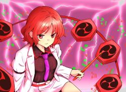 1girl belt black_shirt burukyu closed_mouth commentary commission drumsticks english_commentary highres holding holding_drumsticks horikawa_raiko jacket juliet_sleeves lightning long_sleeves looking_at_viewer musical_note necktie plaid_clothes plaid_shirt puffy_sleeves purple_background purple_necktie red_eyes red_hair shirt short_hair skirt solo touhou white_jacket white_skirt