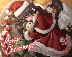 1girl absurdres blush brown_hair closed_eyes dress hat highres hoshina_subaru hug jacket kaoru_hana_wa_rin_to_saku long_hair long_sleeves lying merry_christmas mikami_saka natsukawa_saku official_art on_side red_dress red_jacket santa_costume santa_dress santa_hat sleeping solo stuffed_toy tsumugi_rintarou uzami_shouhei very_long_hair waguri_kaoruko yorita_ayato yuzuhara_madoka