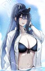1girl alternate_costume animal_ear_fluff animal_ears bikini black_bikini black_hair blue_archive blush braid breasts cleavage extra_ears green_eyes hair_between_eyes highres kobazakura_mikoto long_hair looking_at_viewer navel open_clothes open_mouth open_shirt partially_submerged ponytail shirt shun_(blue_archive) shuriken_hair_ornament sidelocks solo stomach swimsuit teeth upper_teeth_only white_shirt