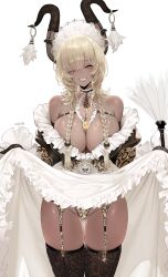 Rule 34 | 1girl, absurdres, alternate costume, animal print, azur lane, bare shoulders, black gloves, black horns, black thighhighs, blush, braid, breasts, clothes lift, commentary request, cowboy shot, curled horns, dishwasher1910, dress, dress lift, garter straps, gloves, gluteal fold, highres, horn ornament, horns, large breasts, leopard print, long hair, looking at viewer, manjuu (azur lane), mole, mole under mouth, one eye closed, owari (azur lane), panties, parted lips, simple background, smile, solo, thighhighs, thighs, twin braids, underwear, white background, white dress, yellow eyes