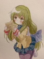 Rule 34 | 1girl, black pantyhose, blue bow, blue skirt, blush, bow, clannad, closed mouth, foot out of frame, green hair, hair bow, highres, hikarizaka private high school uniform, holding, holding star, ibuki fuuko, jumping, long hair, long sleeves, looking up, pantyhose, school uniform, shirt, sidelocks, skirt, solo, star (symbol), starfish, traditional media, very long hair, yellow eyes, yellow shirt, ys tenyen